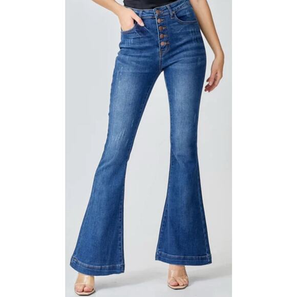 NEW Risen Los Angeles High Waisted Button Fly Flare Jeans Women’s Size 13/31 - Picture 2 of 12